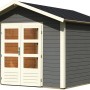 Karibu Holz-Gartenhaus Tessin 2, terragrau, 300x300 cm, mit Doppeltür, Boden und Dachschindeln.