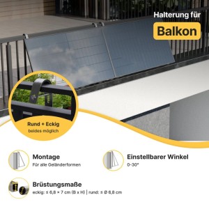 Solakon Balkonkraftwerk Solaranlage mit verstellbarer Halterung am Geländer. Für runde & eckige Balkone, 0-30° Winkel.