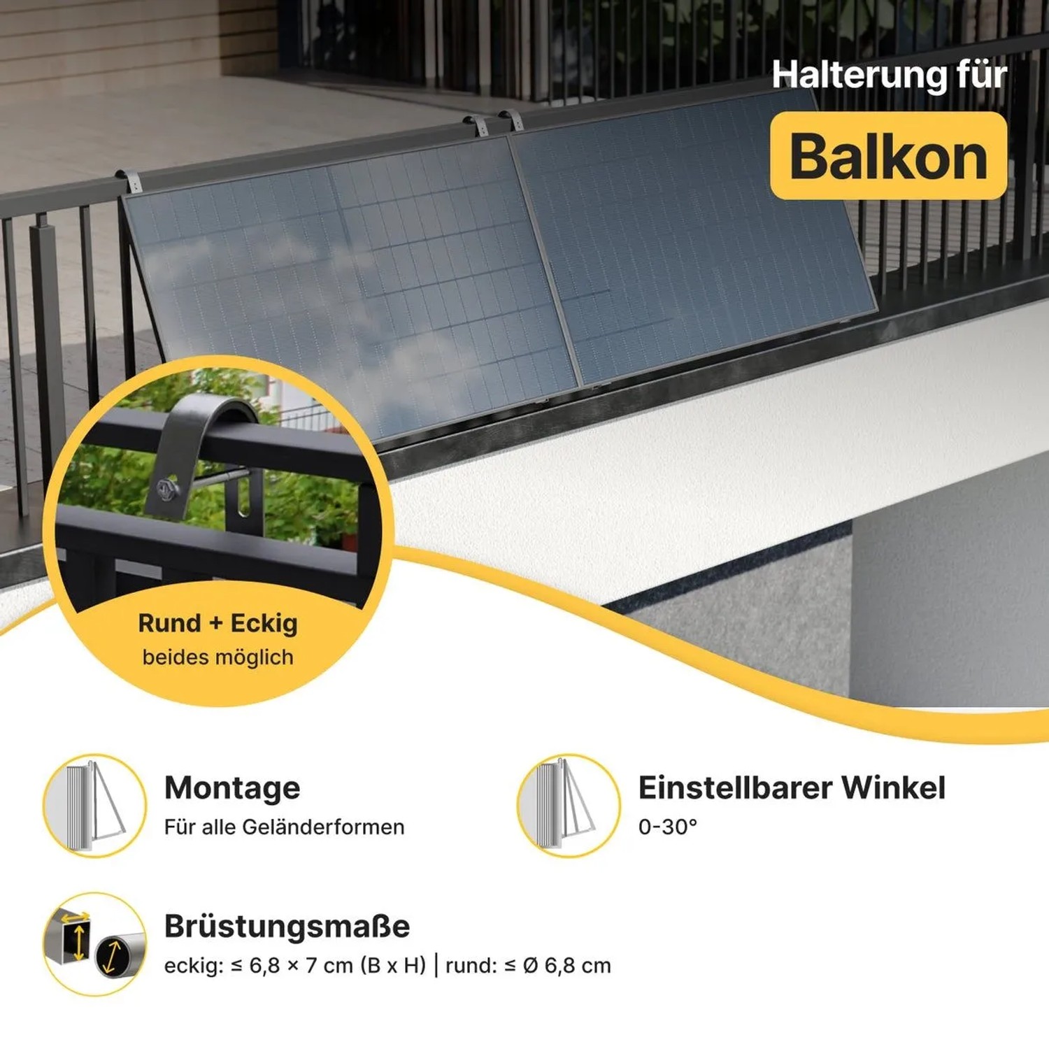 Solakon Balkonkraftwerk Solaranlage mit verstellbarer Halterung am Geländer. Für runde & eckige Balkone, 0-30° Winkel.
