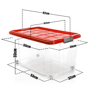 BigDean 4er-Set Aufbewahrungsbox 60L mit rotem Deckel, stapelbar, robust, mit Rollen und Maßangaben.