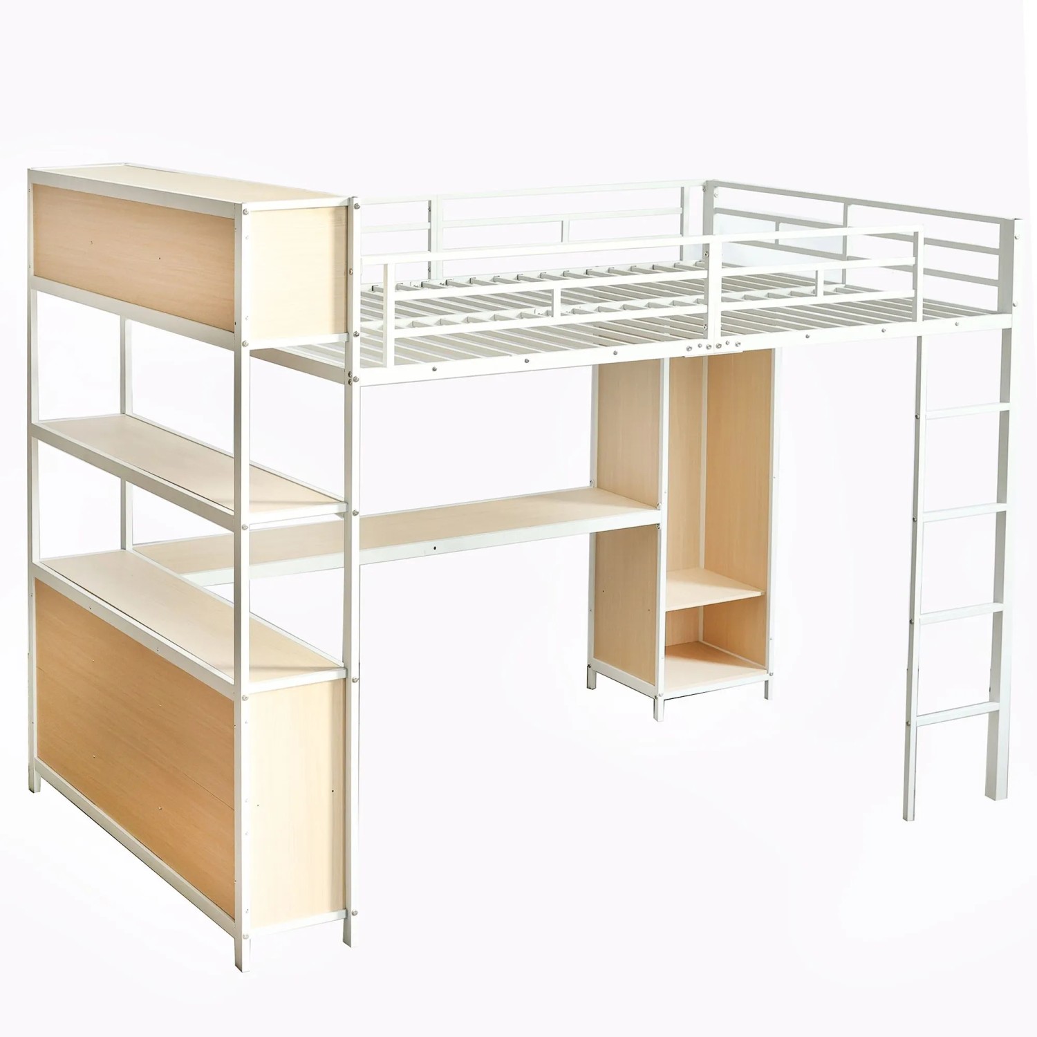 okwish Metall Hochbett 140x200cm mit Schreibtisch und Kleiderschrank Weiß ohne Matratze