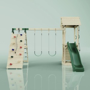 OutdoorToys Spielturm Kiruna mit Doppelschaukel, Rutsche und Kletterwand in Dunkelgrün.