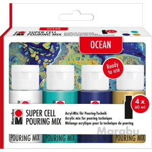 Marabu Super Cell Pouring Mix Ocean, 4 Farben (Titanweiß, Aquagrün, Dunkelblau, Gold) für Pouring-Technik.