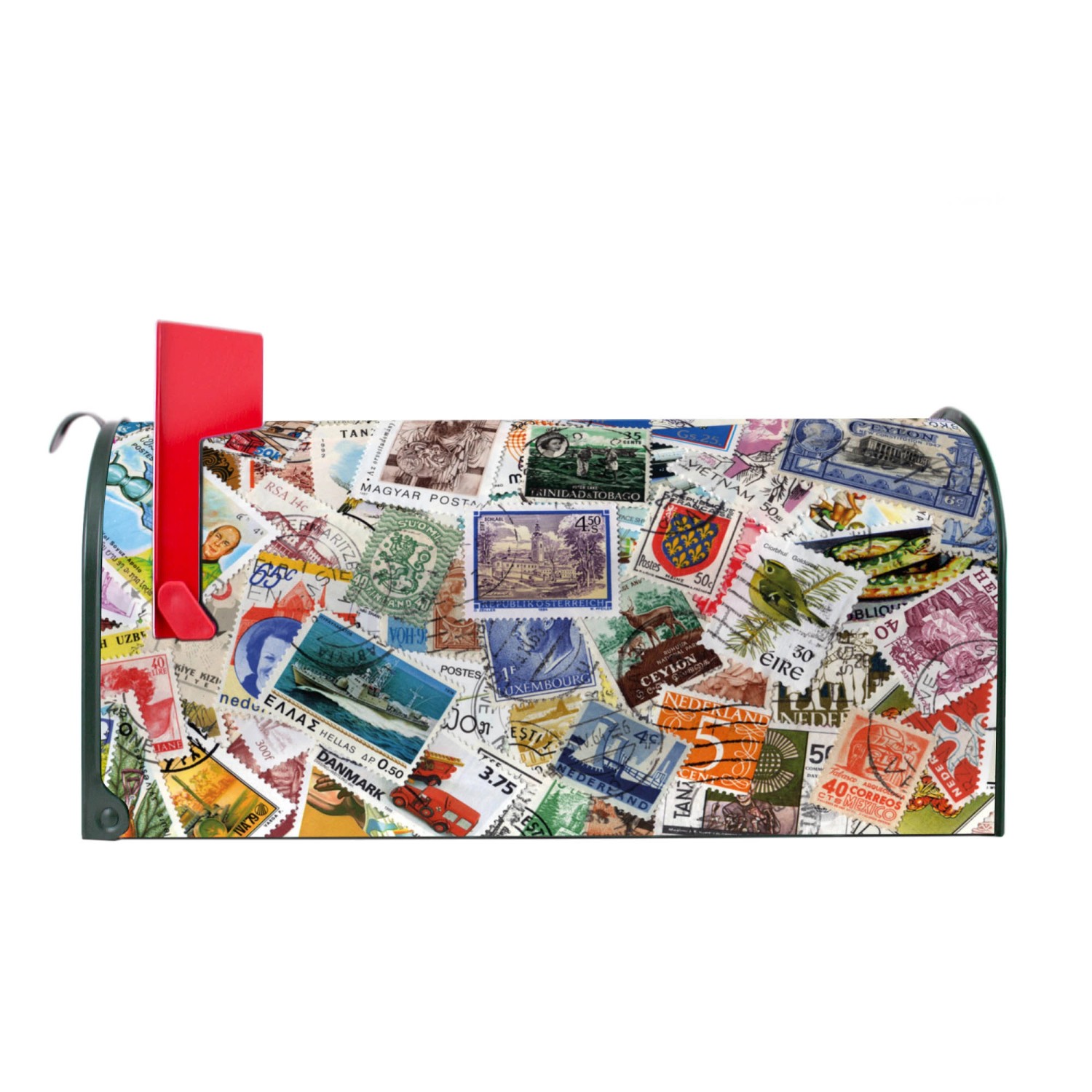 Grüner Banjado US Briefkasten mit Briefmarken Motiv, Stahl, 48x22x16cm.