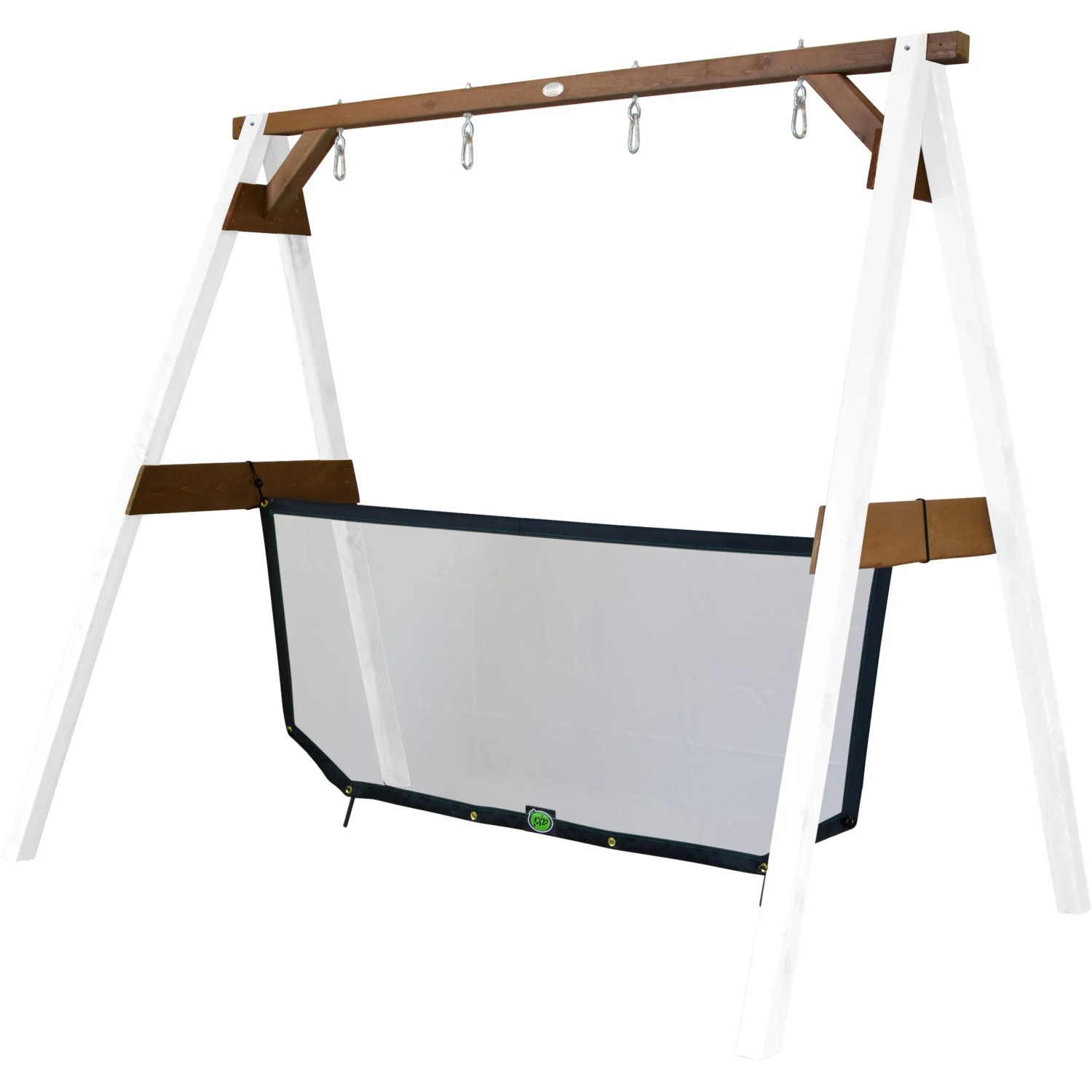 Axi 4-in-1 SportsFun Schaukel mit Netz für Fußball, Tennis, Volleyball. Weißes Gestell mit braunen Akzenten.
