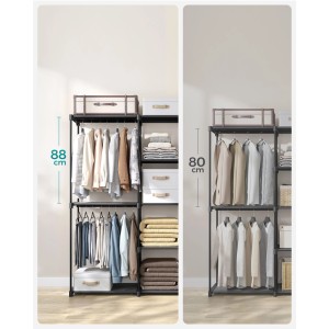 Offener, schwarzer Songmics Kleiderschrank (182x182x43cm) mit Ablagen und Kleidung.