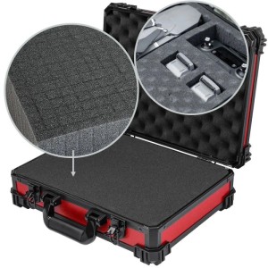 Roter HMF Universalkoffer offen mit Rasterschaumstoff, zeigt Drohne. Ideal für sichere Aufbewahrung empfindlicher Ausrüstung.