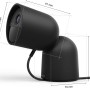 Schwarze Philips Hue Secure Kamera mit Standfuß und Maßangaben.