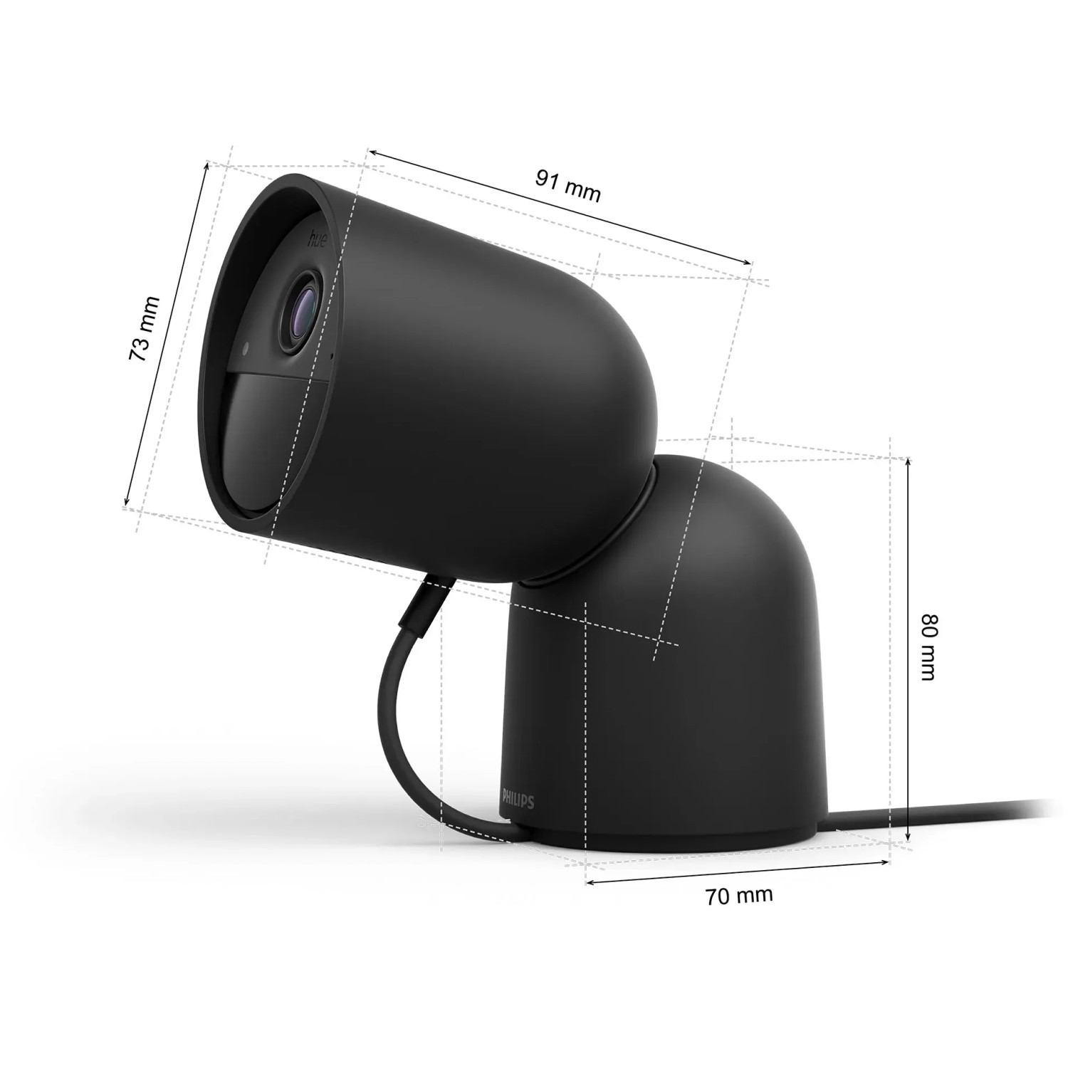 Schwarze Philips Hue Secure Kamera mit Standfuß und Maßangaben.