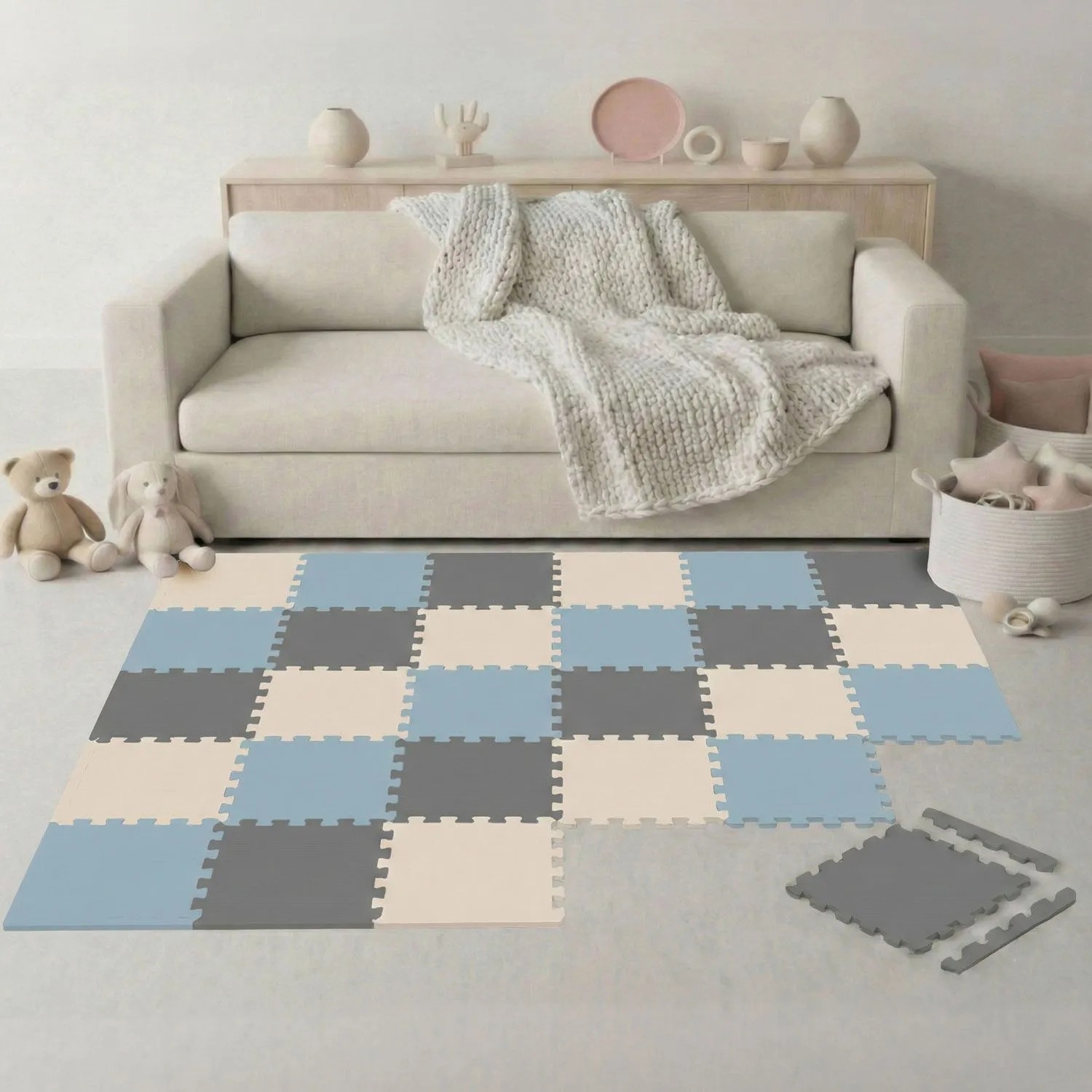 LittleTom Spiel- & Krabbelmatte Puzzlematte 27-teilig 30 x 30 cm Grau-Blau