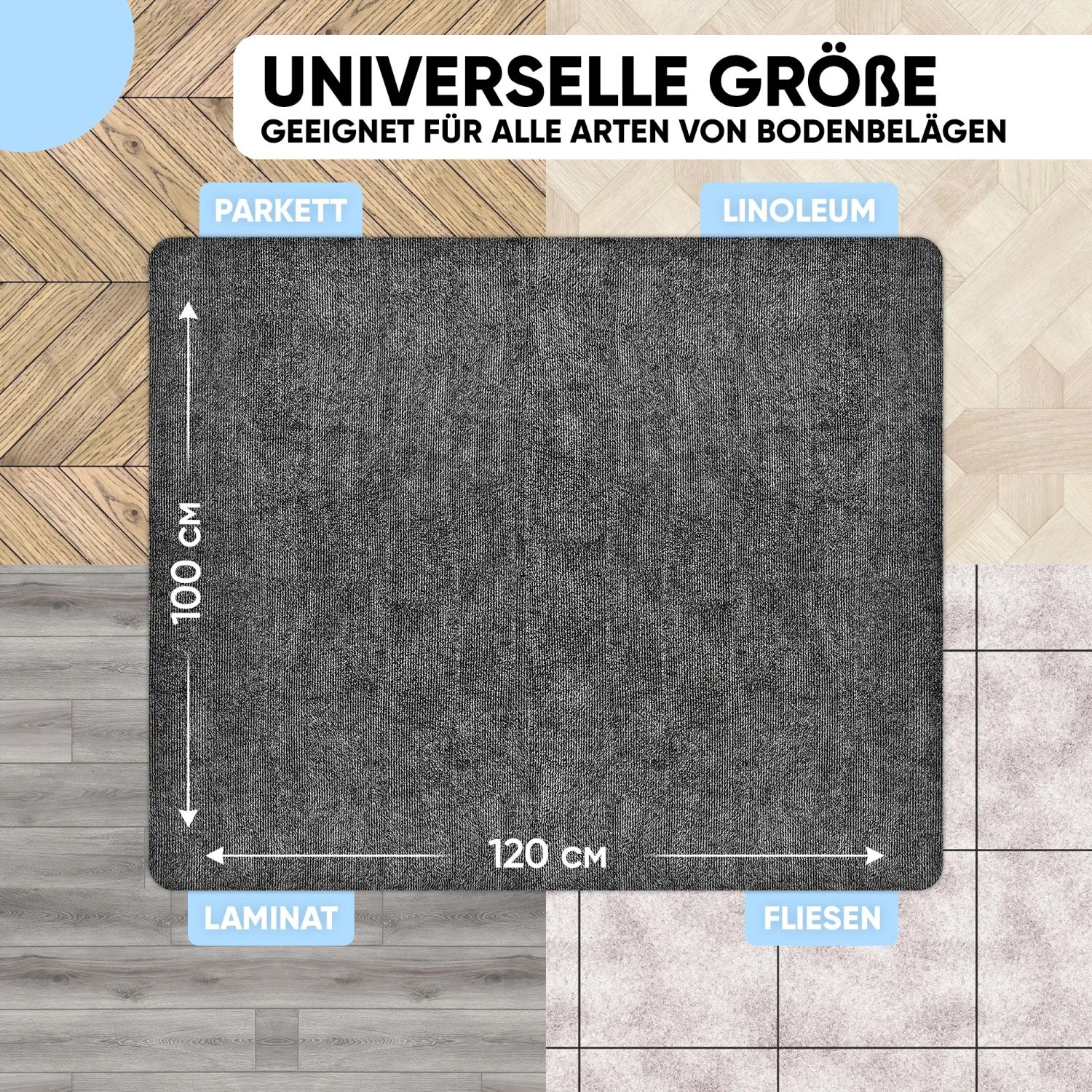 Graue Björn&Schiller Bodenschutzmatte 100x120cm für Parkett, Laminat, Fliesen und Linoleum.