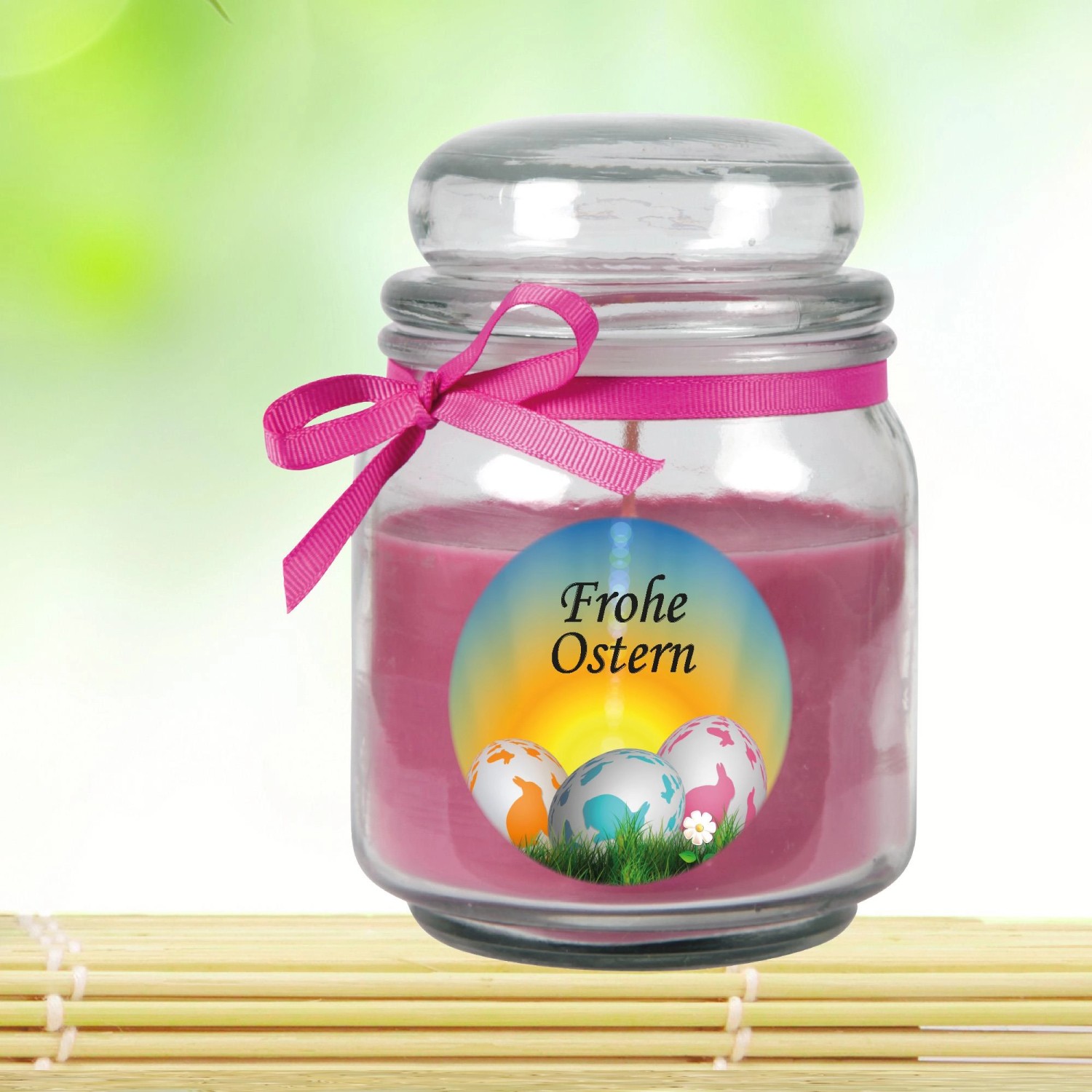 Duftkerze Lavendel im Glas mit Osterdekor und Schleife, Ø9cm.