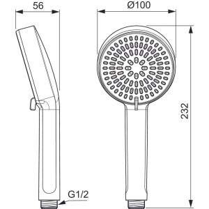 Technische Zeichnung: Ideal Standard Handbrause, 2 Funktionen, Chrom, mit Maßangaben.