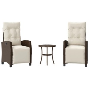 Braunes 3-tlg. vidaXL Bistro-Set aus Polyrattan mit Kissen für Garten, Terrasse oder Balkon.