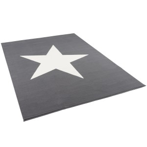 Anthrazitfarbener Kinderteppich (140x200cm) mit großem, weißen Stern.