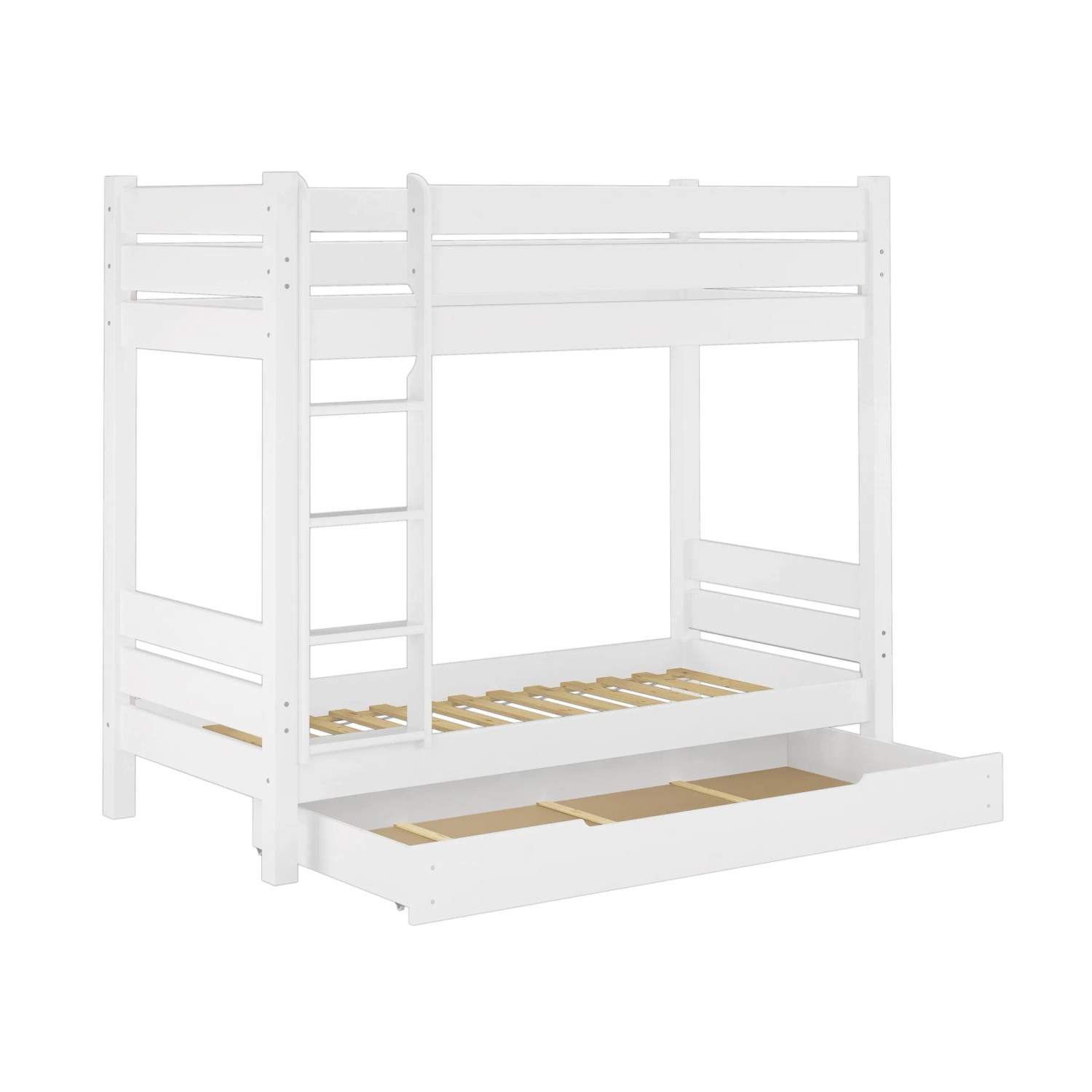 Weißes Etagenbett aus Kiefernholz mit Leiter, Rollrost und Gästebettkasten.