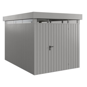 Graues EcoStar Gerätehaus Euroline mit Flachdach und Lichtband, 229x325 cm.