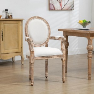 HOMCOM Esszimmerstuhl mit Armlehnen, Holzrahmen, cremefarbene Polsterung. Klassisches Design.