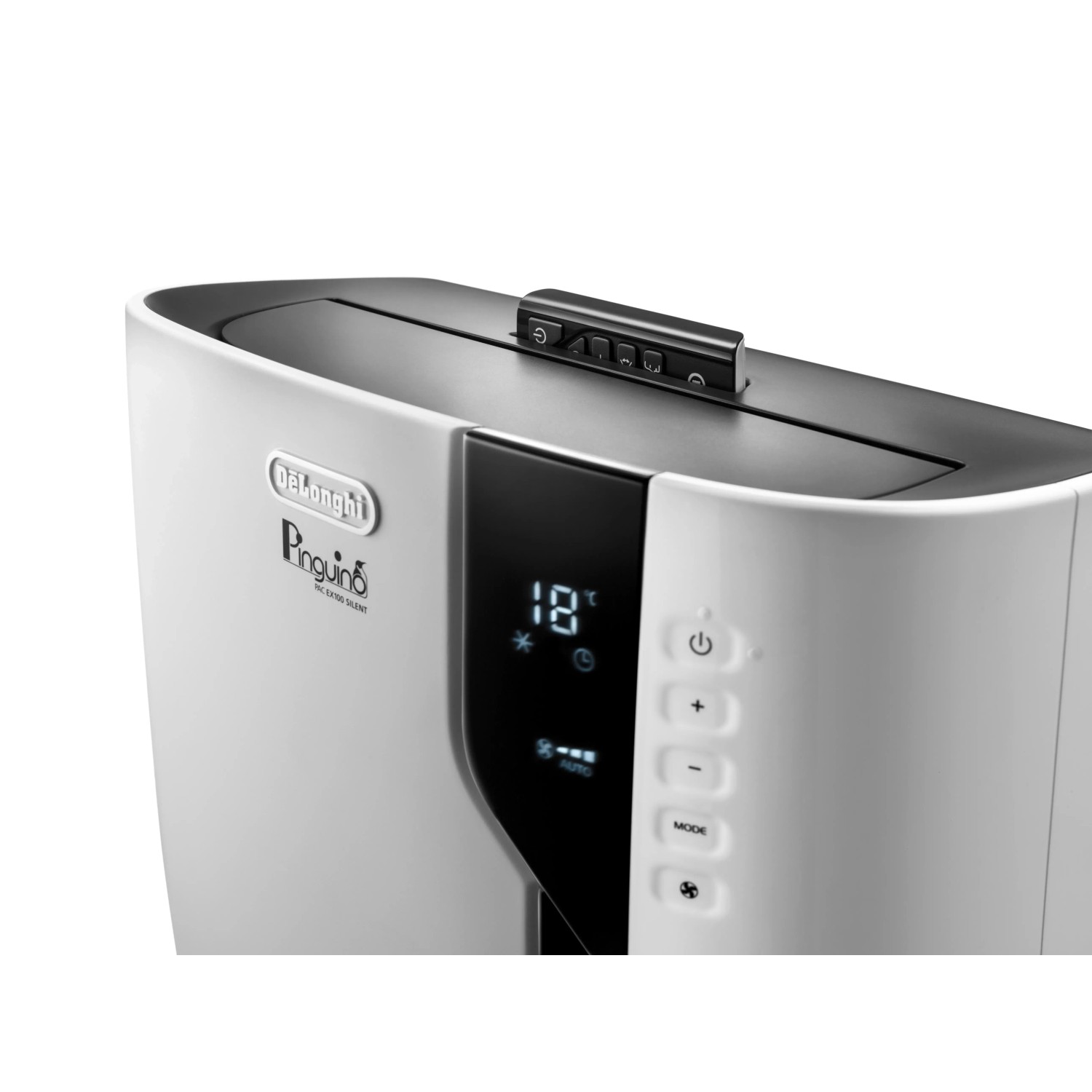 DeLonghi Klimagerät PAC EX100 Silent, weiße Ausführung, Detailansicht Bedienelemente und Display.