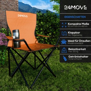 Oranger 24Move Campingstuhl mit Getränkehalter und Tragetasche, ideal für Outdoor-Aktivitäten.