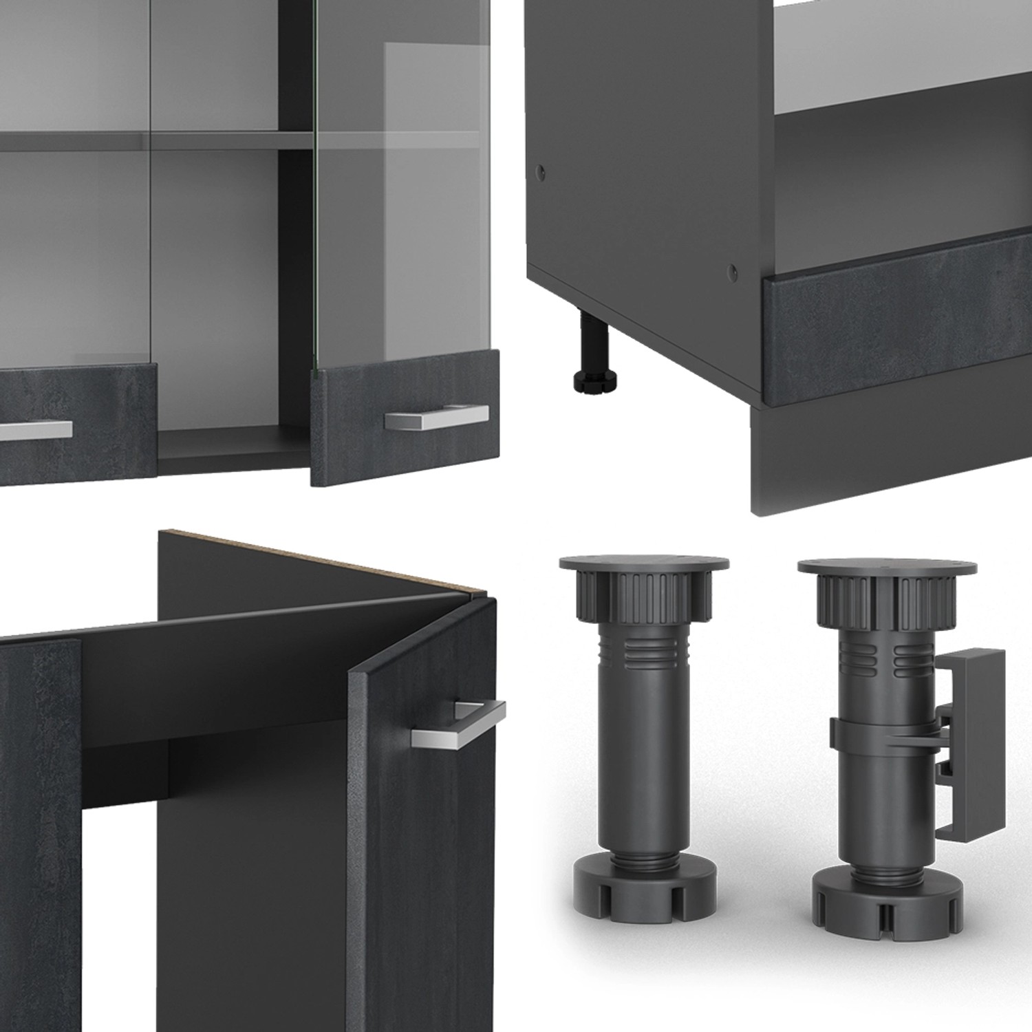 Details der Vicco R-Line Einbauküche in Schwarz Beton/Anthrazit: Schrank, Füße, Schublade.