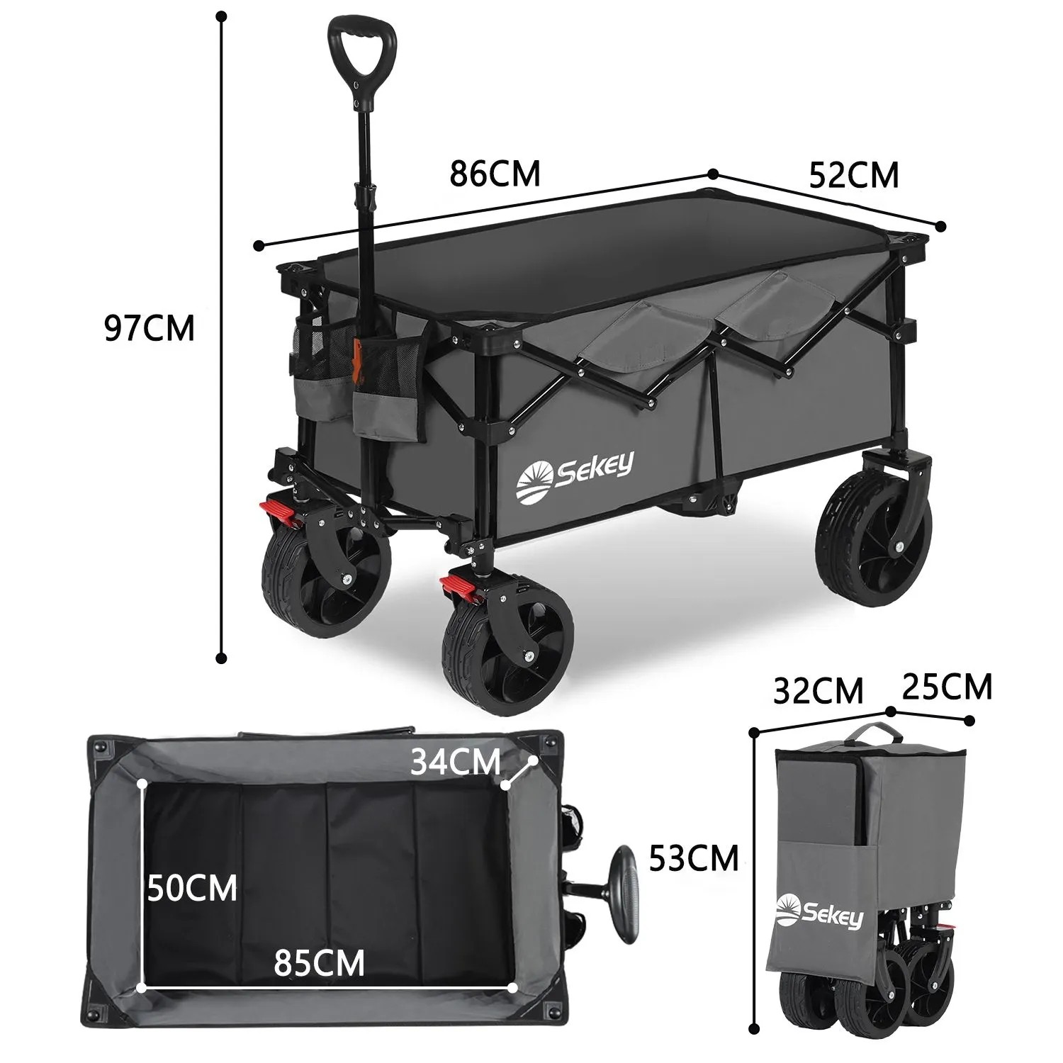 Sekey XL Bollerwagen, faltbar, mit Bremsen und breiten Reifen, 150L, grau. Ideal für Camping & Freizeit.