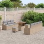 Beiges 10-tlg. vidaXL Garten-Sofa-Set aus Poly Rattan mit Tisch und Kissen.