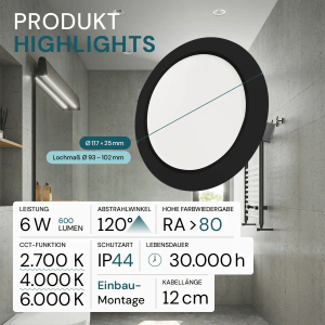 LUXULA LED Einbauleuchte 6W IP44-Geschützt 600lm Lichtfarbe Einstellbar CCT Ø117x25mm Einbaustrahler Deckenspot Rund Schwarz