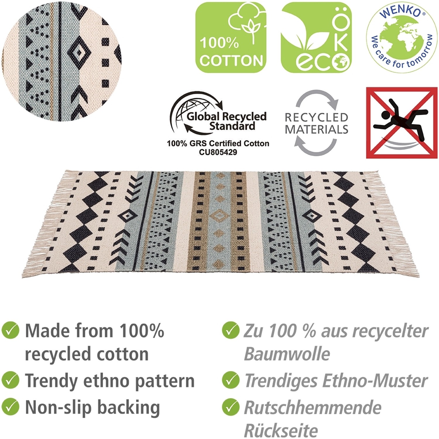 Wenko Badematte Bere aus recycelter Baumwolle mit Ethno-Muster, 50x80 cm, rutschfest.