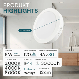 LUXULA LED Aufbauleuchte 6W IP44-Geschützt 600lm Lichtfarbe Einstellbar CCT Deckenleuchte Rund Ø109x28mm Badezimmerlampe Weiß