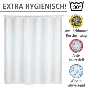 Weißer Wenko Anti-Schimmel Duschvorhang Palais mit dezenten Streifen und Anti-Schimmel Beschichtung.