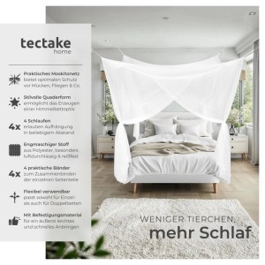 Tectake Moskitonetz  Für Einzel  und Doppelbetten 4 Überlappende Öffnungen  220 x 200 x 210 cm Weiß