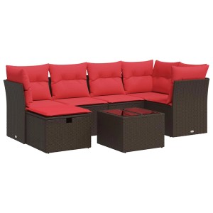 Braune 7-tlg. vidaXL Garten-Sofagarnitur aus Rattan mit roten Kissen und Tisch.