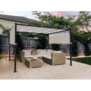 Beliani Garten-Pergola PARGA, beige/schwarz, mit Lounge-Set und LED-Beleuchtung.