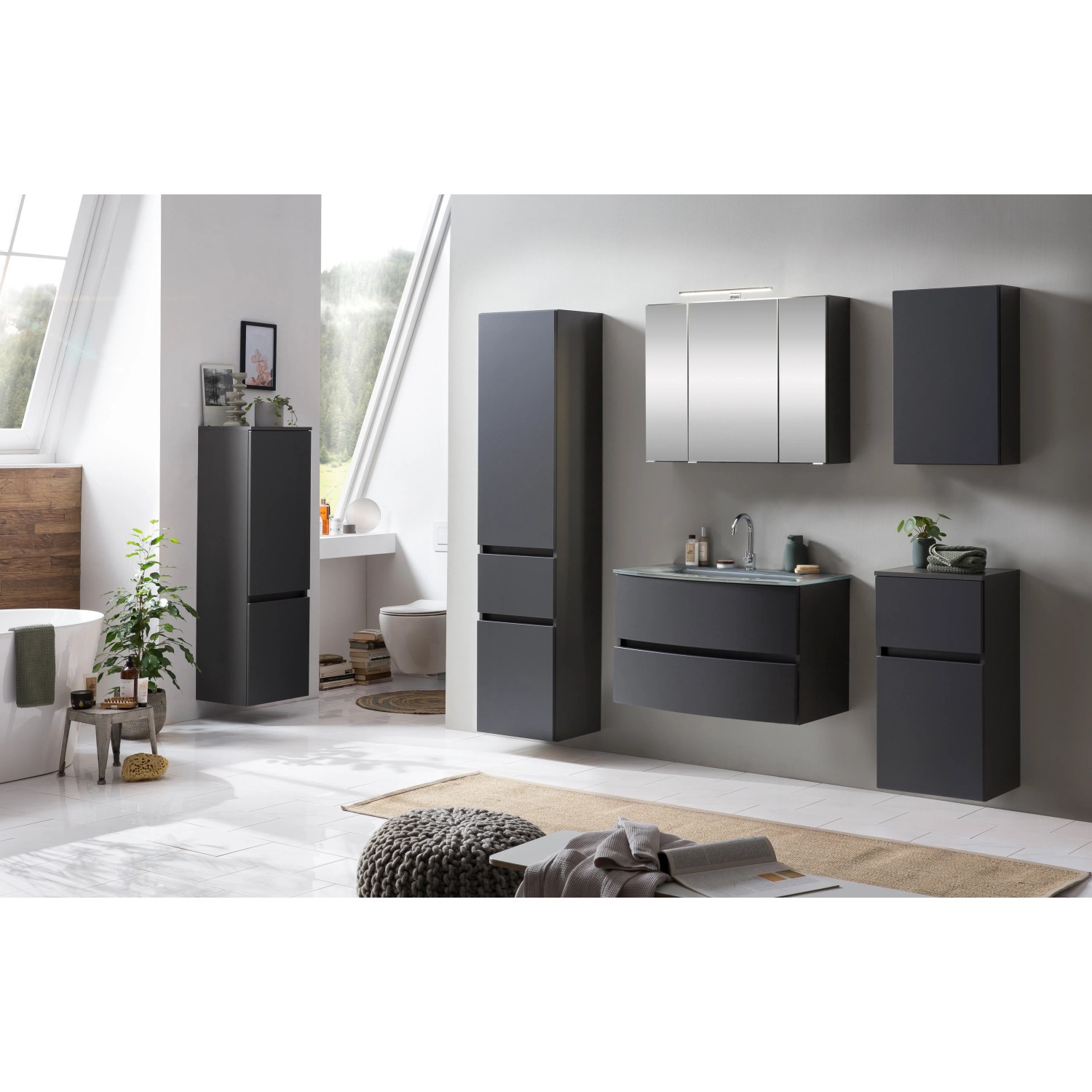 Badezimmer-Set mit Held Möbel Hängeschrank Salerno in Mattgrau und Graphitgrau, 40 cm breit.