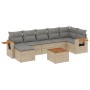 Beige 8-tlg. Garten-Sofagarnitur aus Polyrattan mit grauen Kissen und Tisch mit Akazienholzplatte.