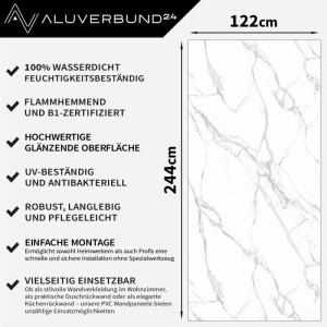 Aluverbund24 PVC Wandpaneel Carrara-White Marmoroptik, 122x244cm, hochglänzend für Bad & Küche.