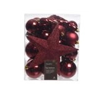 Rotes Set bruchfester Kaemingk Weihnachtskugeln und Stern in Box. Glänzende, matte, glitzernde Deko.