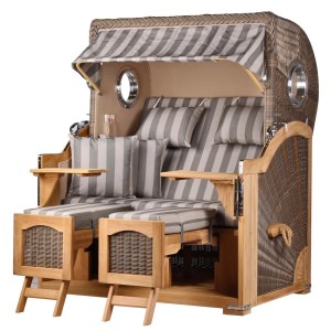 Komplettset: XL Strandkorb Ammersee Grande aus Teak mit grauem PE-Geflecht, Bullauge, Liftersystem, Schutzhülle, Doppelrollen.