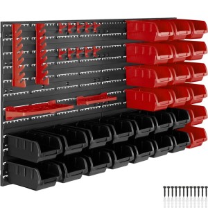 Tectake Kleinteilemagazin  44 Teilig  Mit 2 Wandplatten 14 Schwarze und 14 Rote Stapelboxen Pro Stück 17 x 96 x 54 cm Schwarz