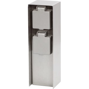 Silberne 2-fach Steckdosensäule IP44 aus Edelstahl für den Außenbereich.