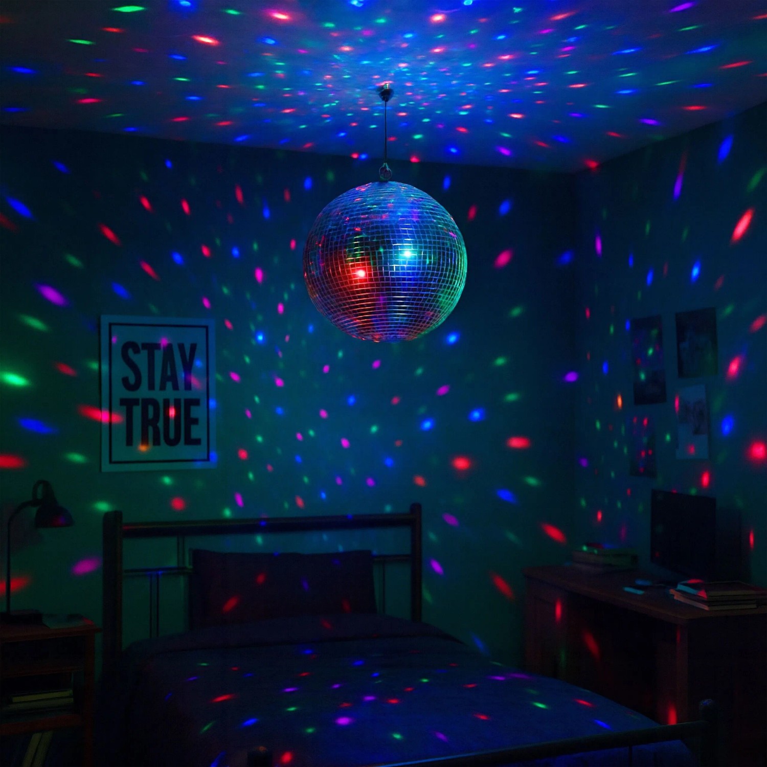 Silberne Discokugel mit Glasfacetten hängt von der Decke und erzeugt bunte Lichtreflexionen im Raum.