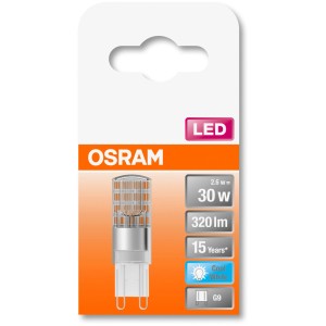 Osram LED-Lampe G9, 2,6W, Kaltweiß, 320 lm, Kapselform, klar.