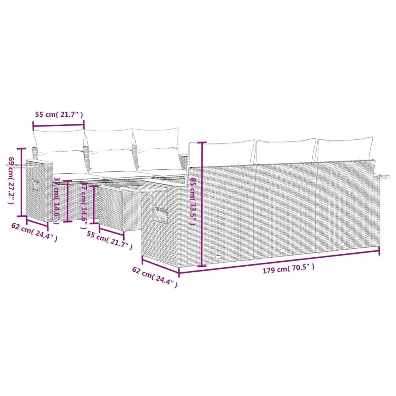 vidaXL 7-tlg. Garten-Sofagarnitur, schwarzes Poly Rattan, mit Maßen. Ideal für Terrasse und Garten.