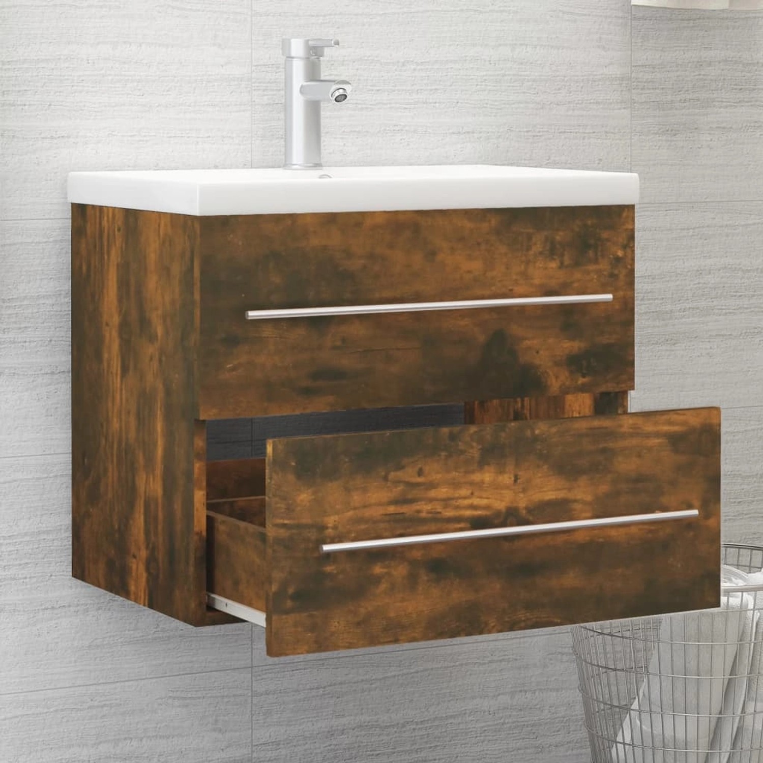 vidaXL Waschbeckenschrank in Räuchereiche mit Schublade, Teil eines Badmöbel-Sets.