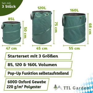 TTL GARDEN Pop-Up Laubsack Premium 220g/qm Starterset 85L 120L 160L Selbststehend Gartensack Faltbar