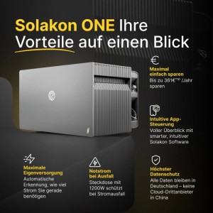 Grauer Solakon ONE Speicher für Balkonkraftwerk. Kompaktes, modernes Design des Photovoltaik-Stromspeichers.