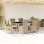 7-tlg. Garten-Essgruppe mit beigen Polyrattan-Stühlen, Tisch mit Glasplatte und cremefarbenen Kissen.