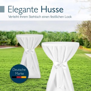 Weiße Beautissu Premium Stehtischhusse mit eleganter Schleife für runde Tische, blickdicht und festlich.