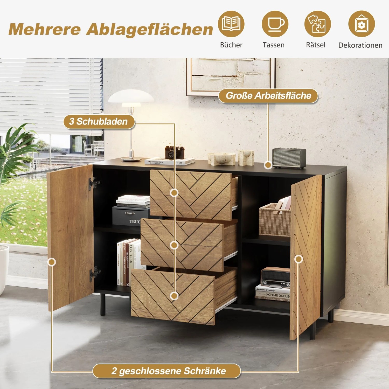 Modernes Merax Sideboard 120x76 cm mit 3 Schubladen, 2 Türen, Holzoptik und schwarzem Rahmen. Viel Stauraum für Wohnzimmer.